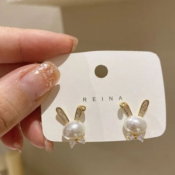 NEW MR RABBIT BOWTIE PEARL & CUBIC ZIRCONIA STUD EASTER EARRINGS - Picture 4 of 11